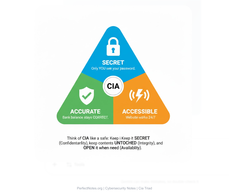 The CIA Triad Triangle showing Confidentiality, Integrity, and Availability as the three pillars of information security